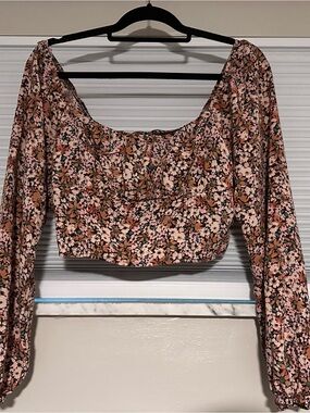 Wild Fable Pink and Brown Floral Puff Sleeve Crop Top
